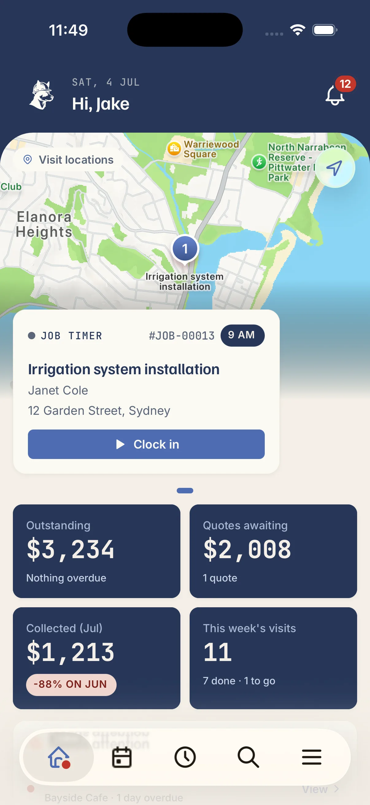 The Kelpie app dashboard on a phone: the day's schedule and key numbers at a glance
