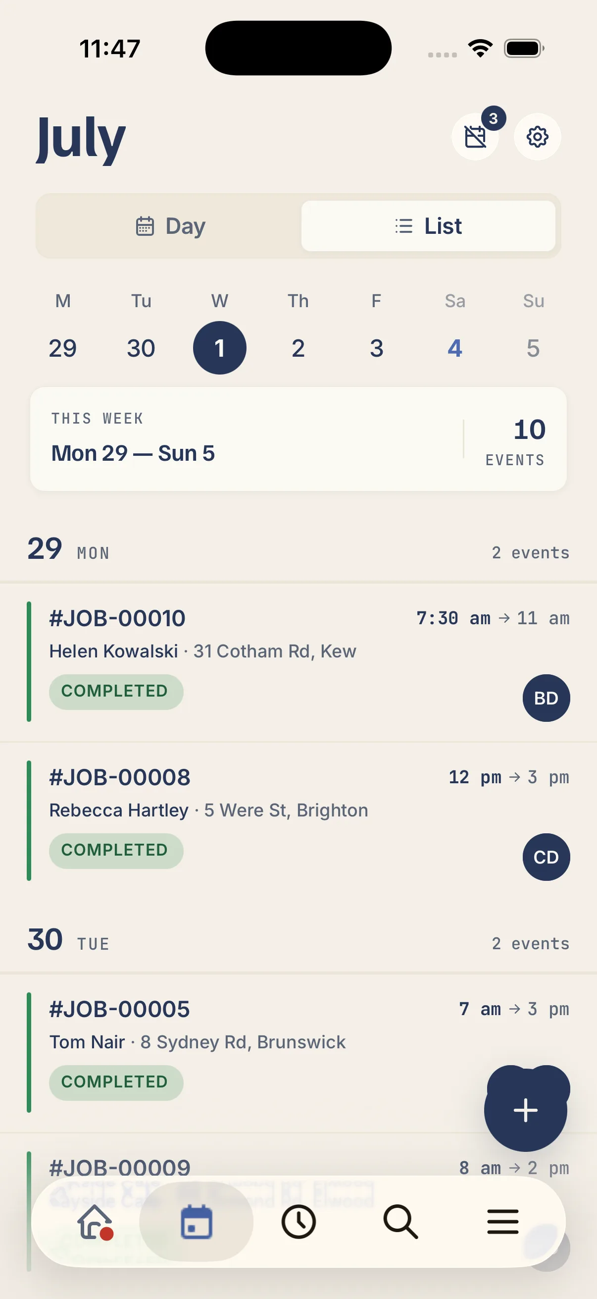 The Kelpie app schedule on a phone: the day's jobs as a list